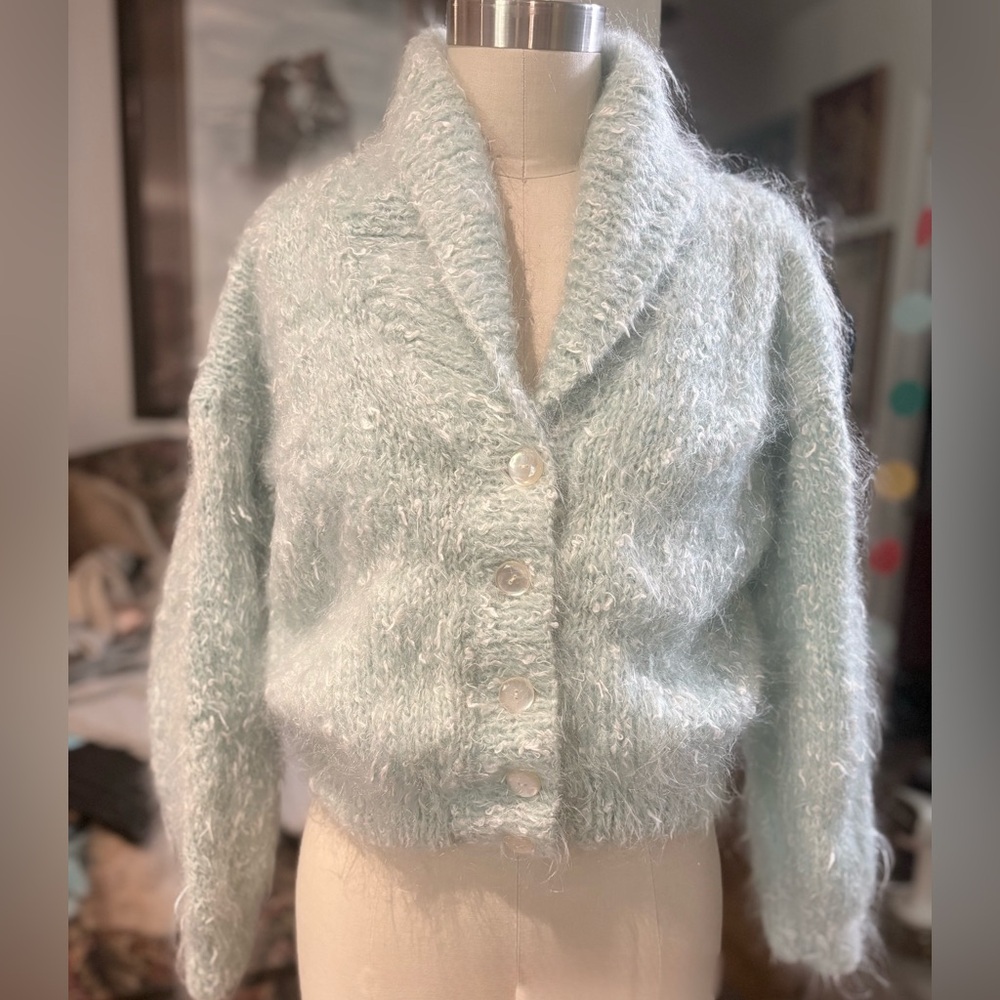 Handmade Angora-Blend Ice Blue Shawl Collar Fuzzy Cardigan – Textured Knit